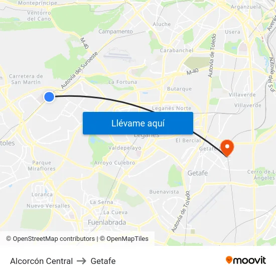 Alcorcón Central to Getafe map