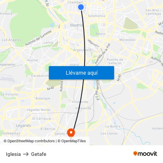 Iglesia to Getafe map