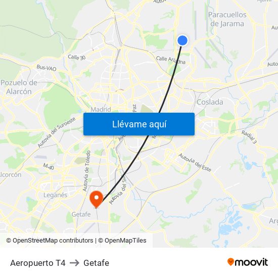 Aeropuerto T4 to Getafe map
