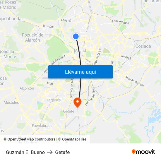 Guzmán El Bueno to Getafe map