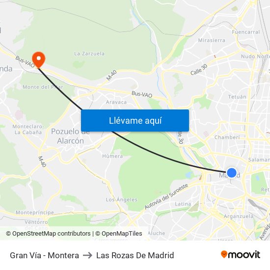 Gran Vía - Montera to Las Rozas De Madrid map