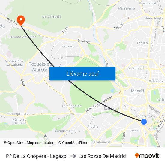 P.º De La Chopera - Legazpi to Las Rozas De Madrid map