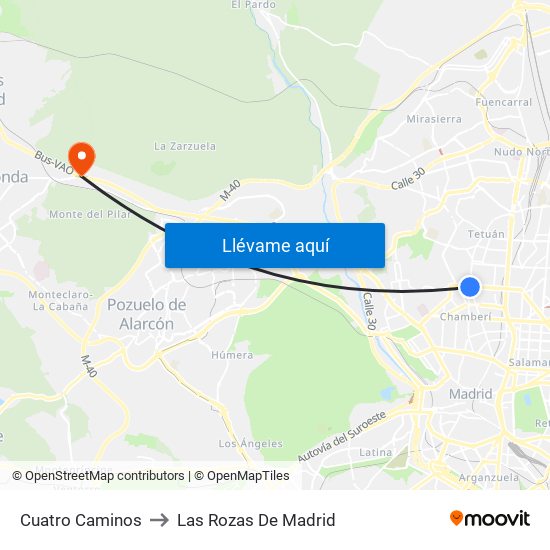 Cuatro Caminos to Las Rozas De Madrid map