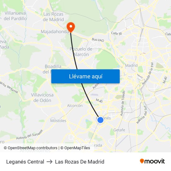 Leganés Central to Las Rozas De Madrid map