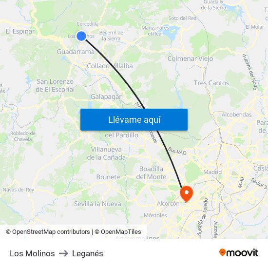 Los Molinos to Leganés map