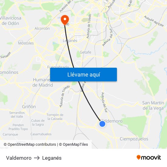 Valdemoro to Leganés map