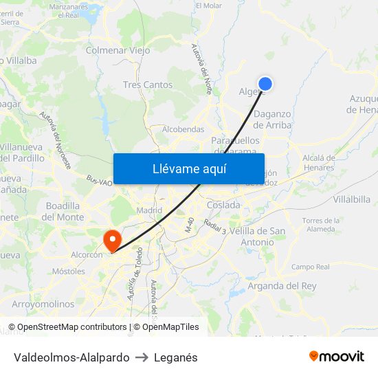 Valdeolmos-Alalpardo to Leganés map
