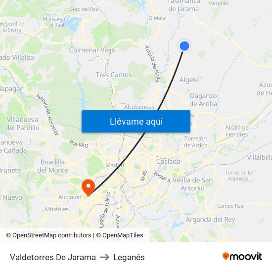 Valdetorres De Jarama to Leganés map