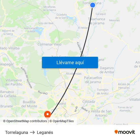 Torrelaguna to Leganés map