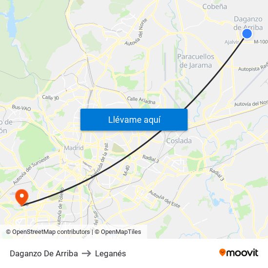 Daganzo De Arriba to Leganés map