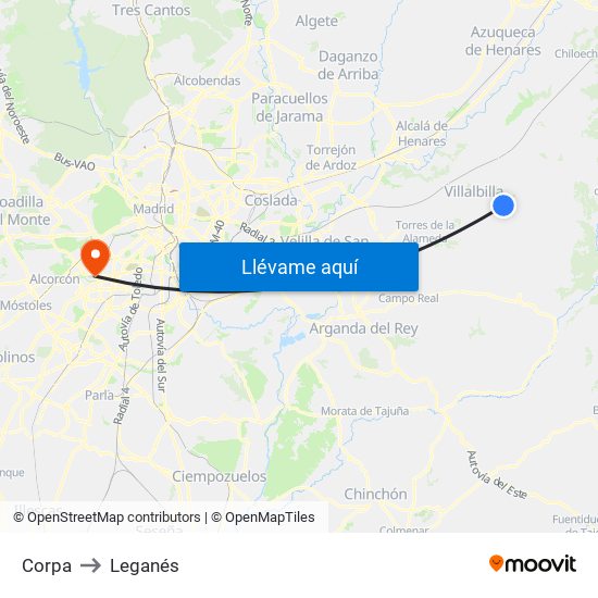 Corpa to Leganés map