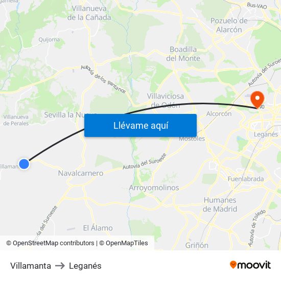 Villamanta to Leganés map