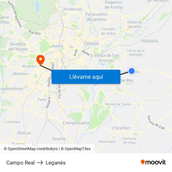 Campo Real to Leganés map