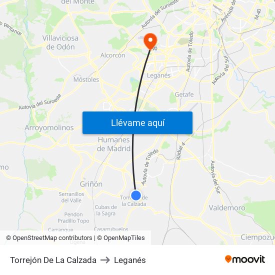 Torrejón De La Calzada to Leganés map