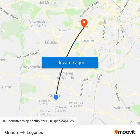 Griñón to Leganés map