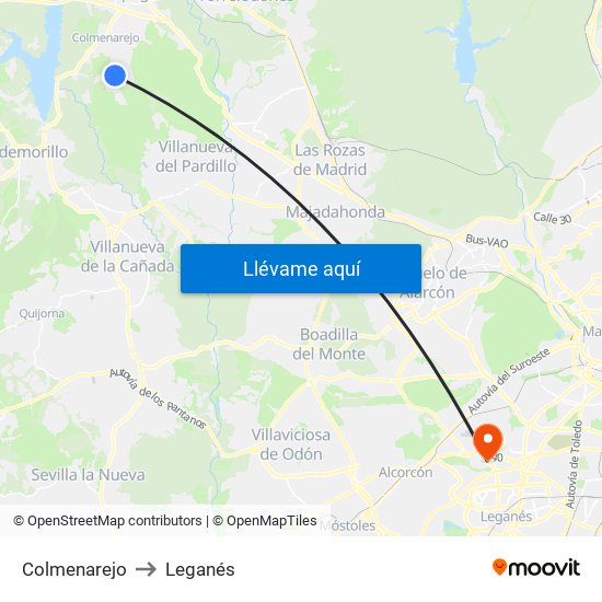 Colmenarejo to Leganés map