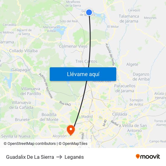 Guadalix De La Sierra to Leganés map