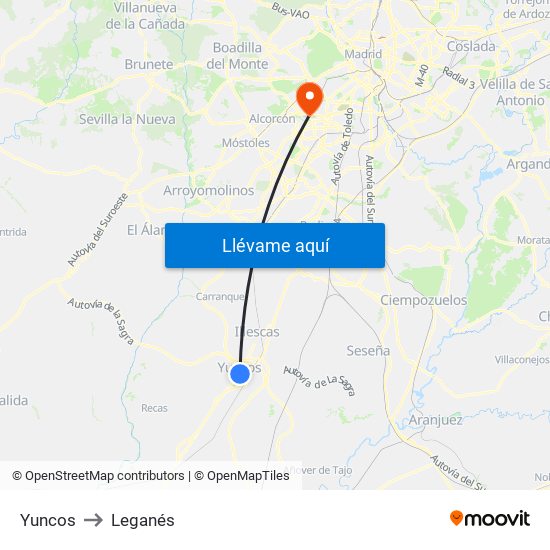 Yuncos to Leganés map