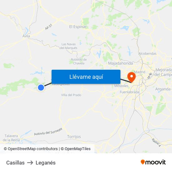 Casillas to Leganés map