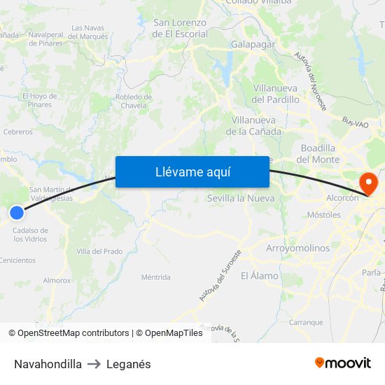 Navahondilla to Leganés map