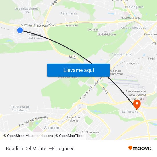 Boadilla Del Monte to Leganés map