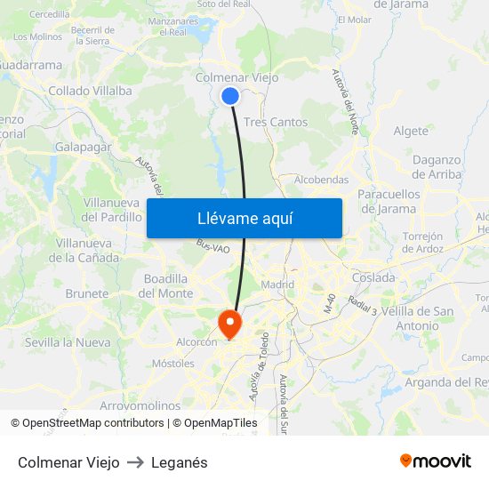 Colmenar Viejo to Leganés map