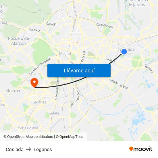 Coslada to Leganés map