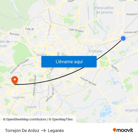 Torrejón De Ardoz to Leganés map