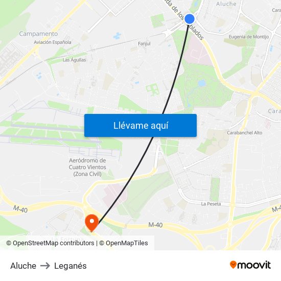 Aluche to Leganés map