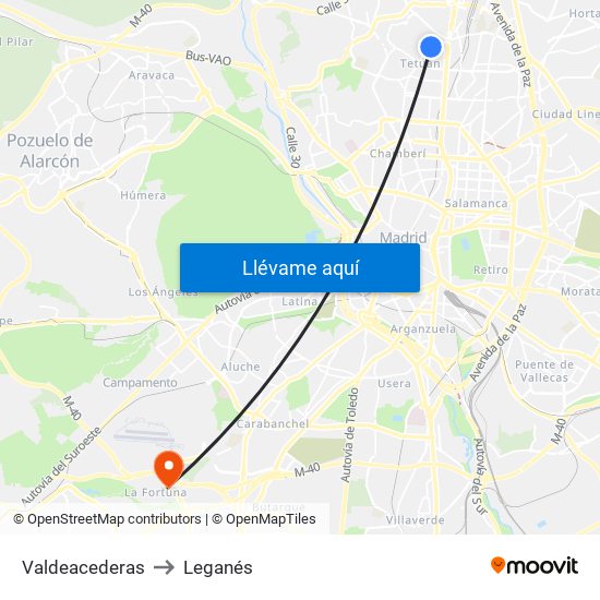 Valdeacederas to Leganés map