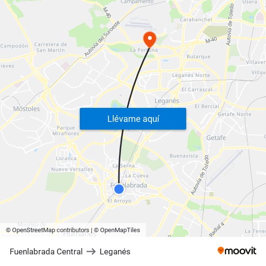 Fuenlabrada Central to Leganés map