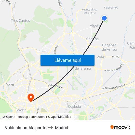 Valdeolmos-Alalpardo to Madrid map