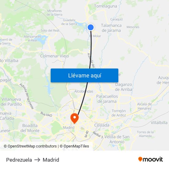 Pedrezuela to Madrid map