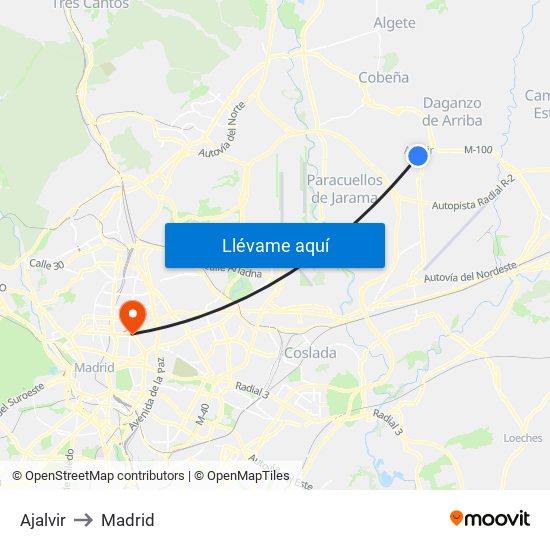 Ajalvir to Madrid map