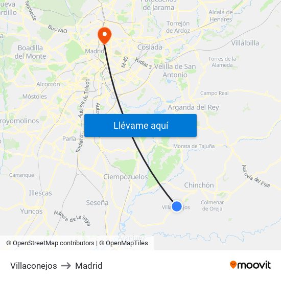 Villaconejos to Madrid map