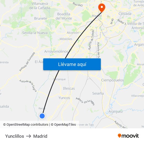 Yunclillos to Madrid map
