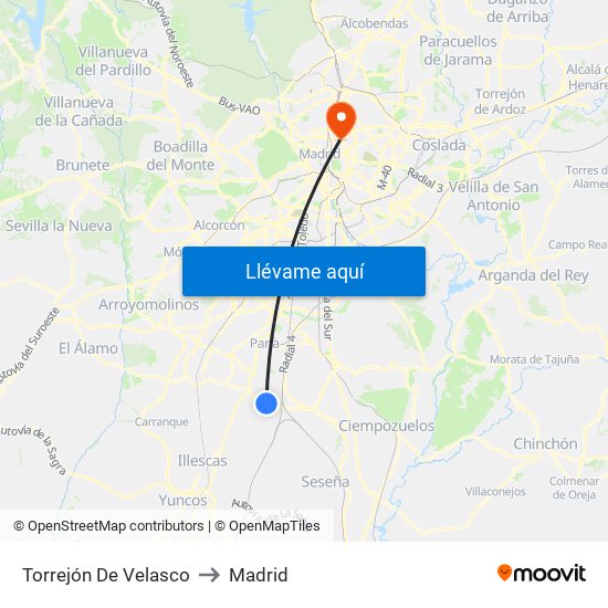 Torrejón De Velasco to Madrid map