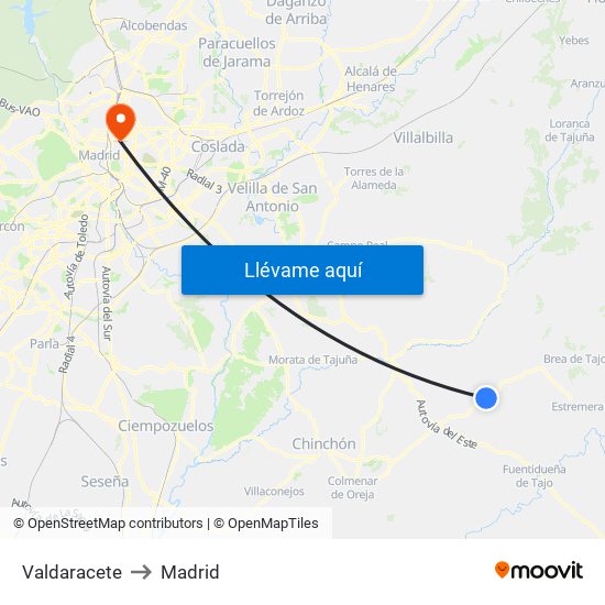 Valdaracete to Madrid map