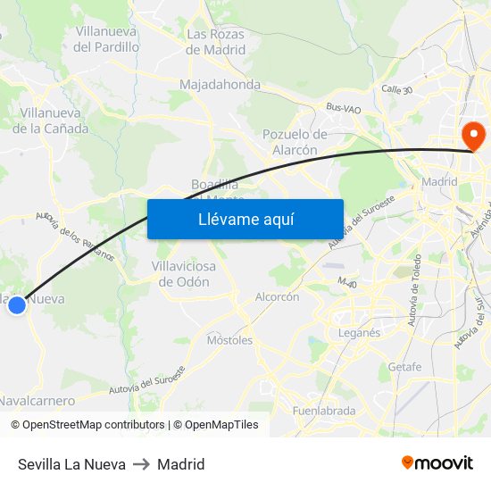 Sevilla La Nueva to Madrid map