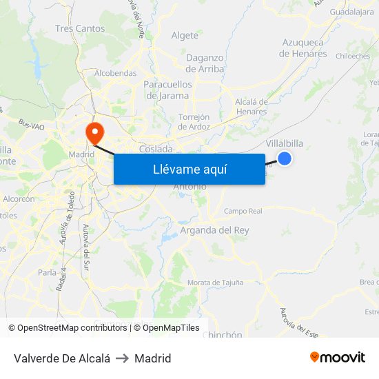 Valverde De Alcalá to Madrid map