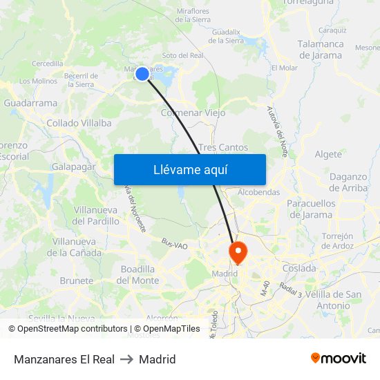 Manzanares El Real to Madrid map