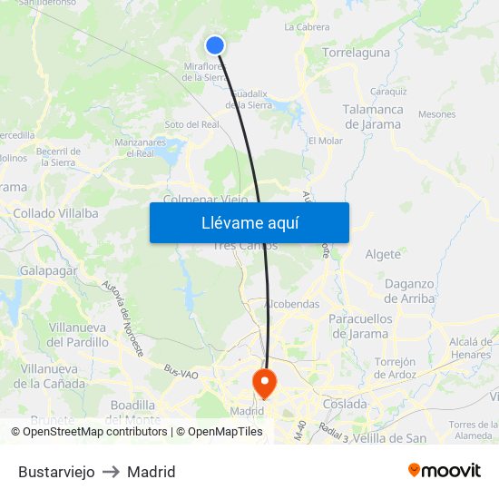 Bustarviejo to Madrid map