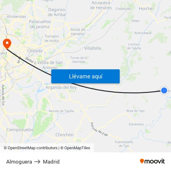 Almoguera to Madrid map