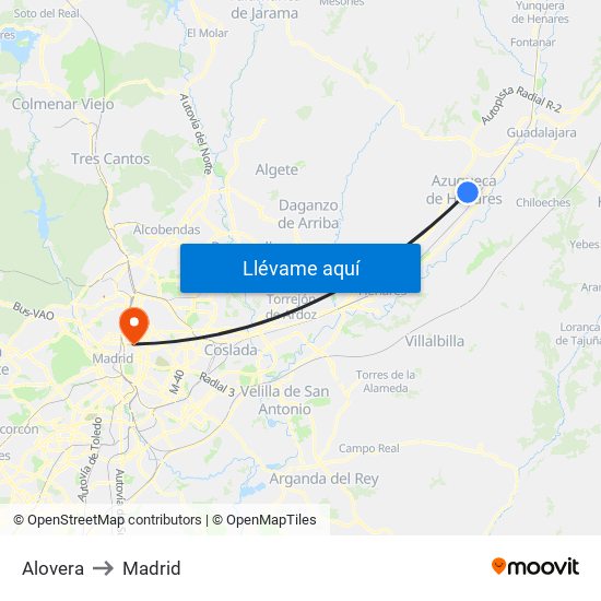 Alovera to Madrid map