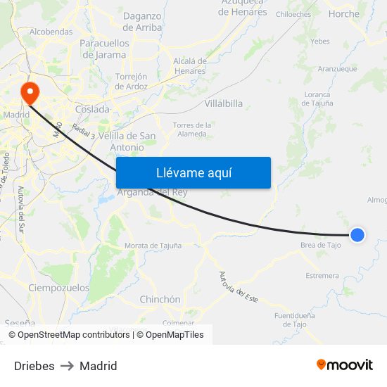 Driebes to Madrid map