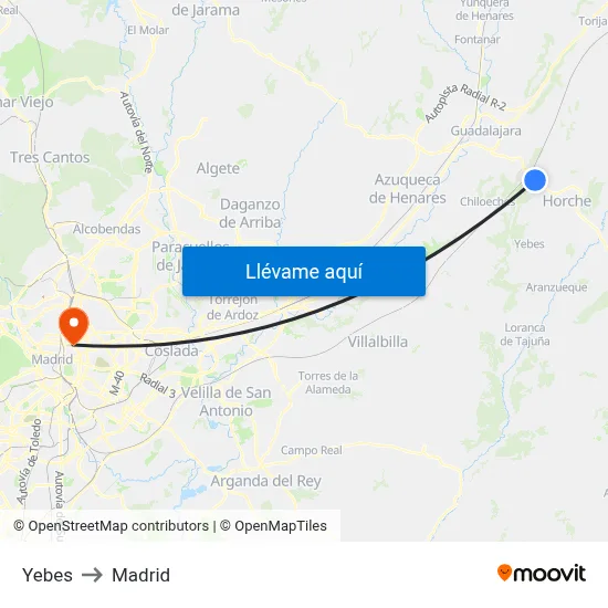 Yebes to Madrid map