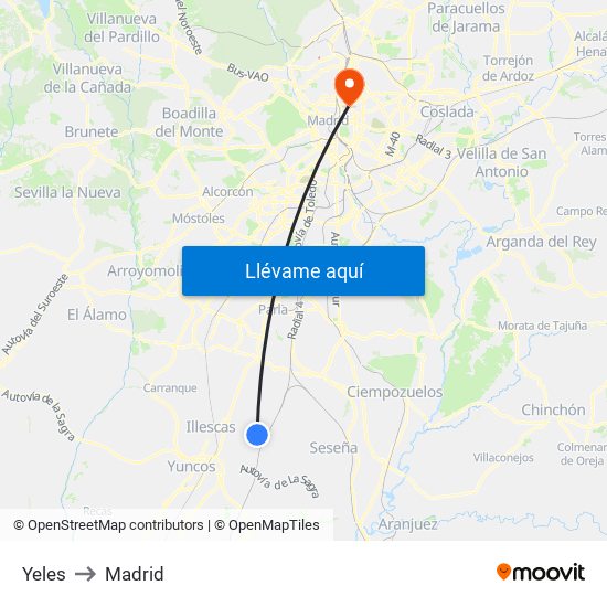 Yeles to Madrid map