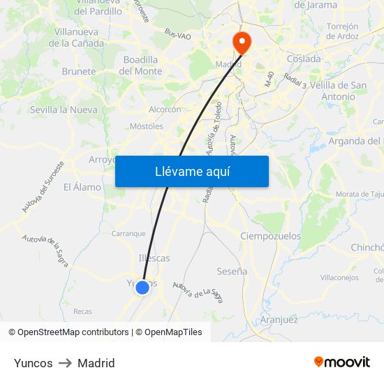 Yuncos to Madrid map