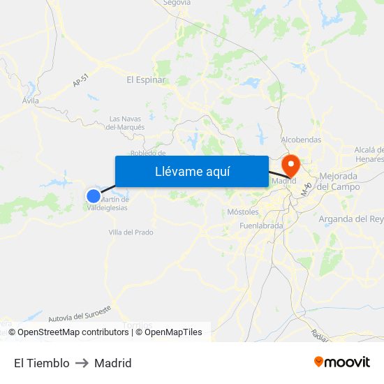 El Tiemblo to Madrid map