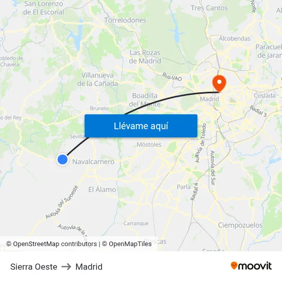 Sierra Oeste to Madrid map